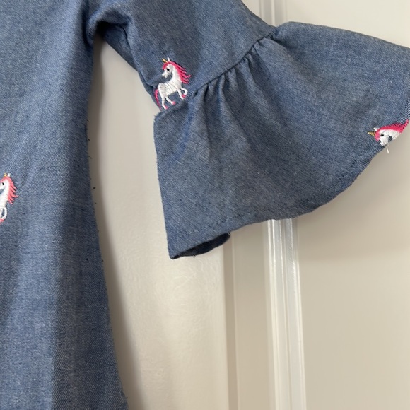 Rare Editions Unicorns Embroidered Chambray Dress w Ruffle Hem & Sleeves - Picture 4 of 8